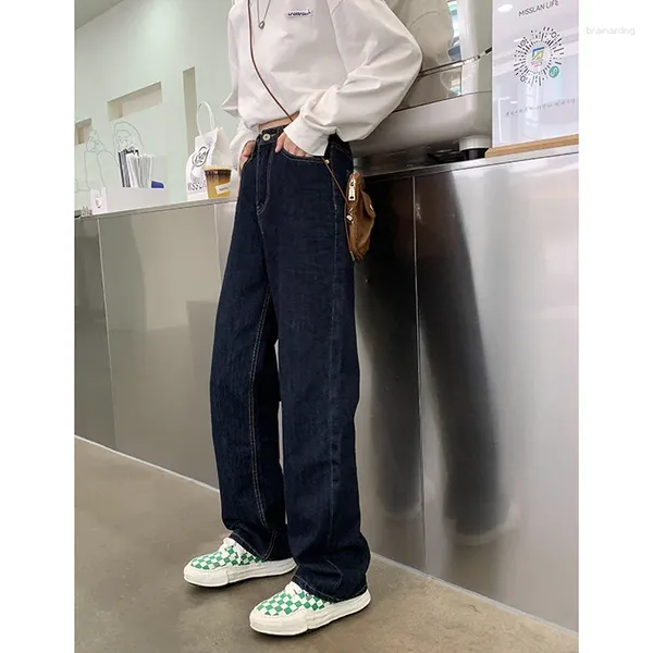 Jeans femininos 2024 Vintage Caustra High Women Blue Korean Streetwear de rua larga perna larga jea