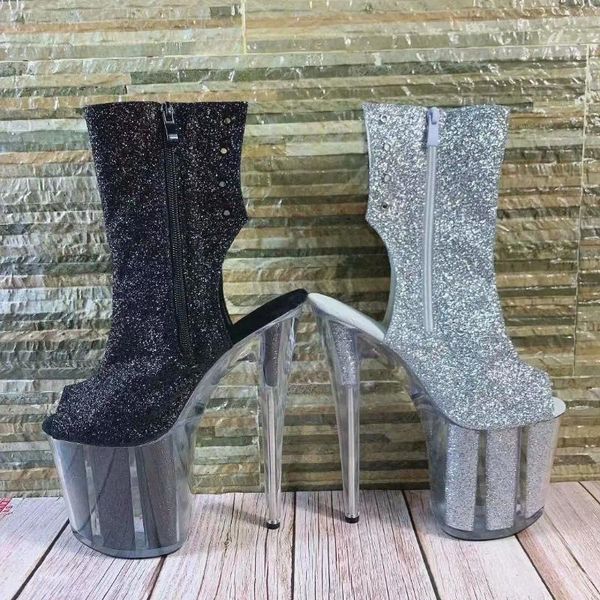 Dans Ayakkabıları Şeffaf Tabanlar 20cm Stiletto 8 inç Model Botlar Gece Kulübü Gösterisi Balık Ağız Zip Açıklıkları Seated Vamp