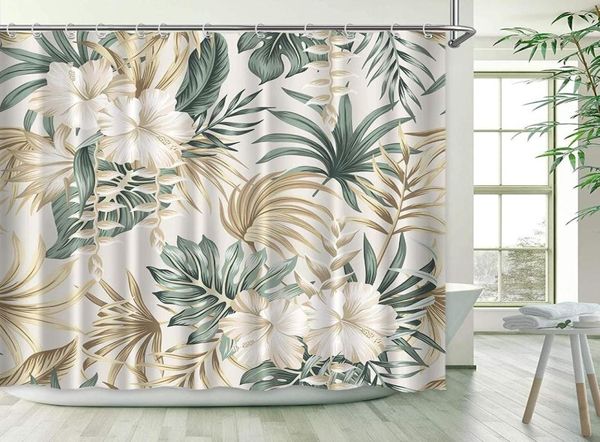 Cortinas de chuveiro Curta da vegetação tropical Cortina de verão Summer Jungle Fabric Gancho impermeável