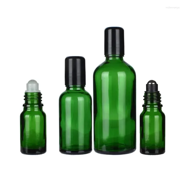 Garrafas de armazenamento rolo de vidro na garrafa de perfume preto tampa de plástico de aço de aço 5 ml-100ml portátil reabastecido de frascos de óleo essencial verde vazio