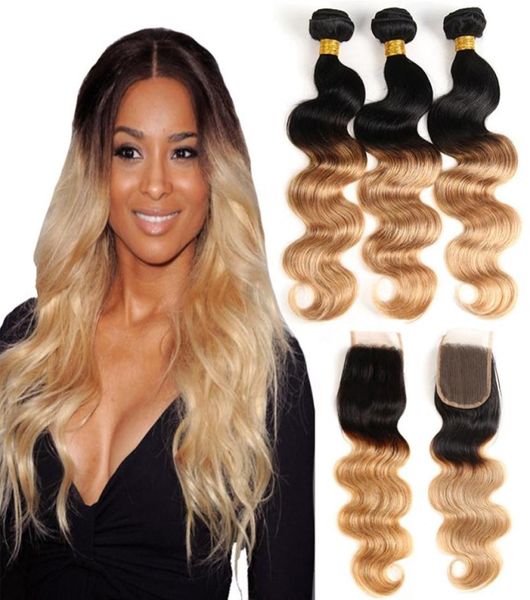 Ombre Body Wave T1B27 Dunkle Wurzel Honig Blondes menschliches Haar Bündel mit Spitzenverschluss farbig brasilianischem Haarwebe mit Verschluss5071531