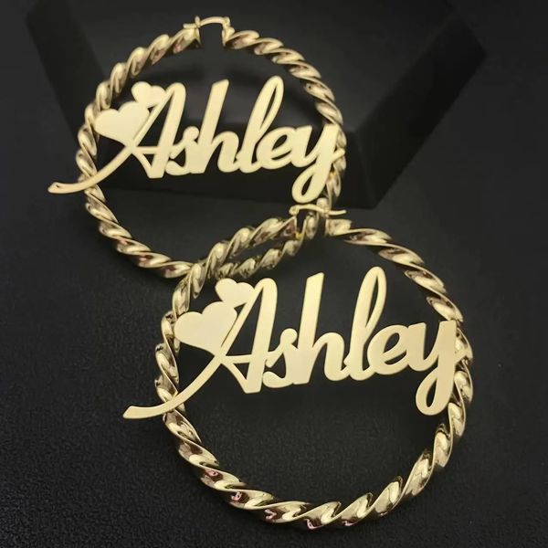 Benutzerdefinierte Name Ohrringe Personalisierte Hoop Customized Gold Edelstahl Twist Ohrring für Frauen Mädchen 240428