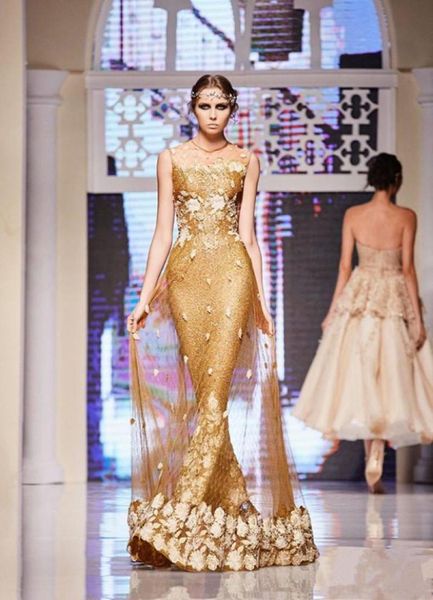 Elie Saab Venos Ouro Vestidos noturnos Merma de lantejoulas Sheer Jewel decote da festa do baile de baile 3D Vestido formal de piso floral 3D