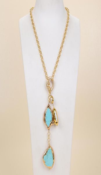 Jóias Guaiguai Branco Biwa Pearl Turquoise Lariat Chain Colar para mulheres Gemas reais Pedra Lady Fashion Jewellery6375821