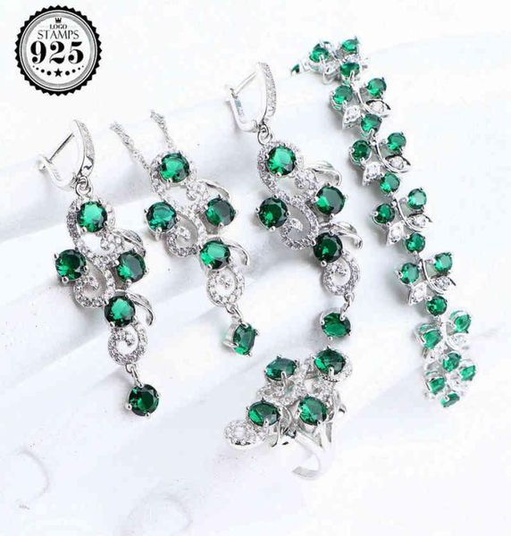 Set di gioielli da sposa Silver Luxury 925 per le donne in costume Green CZ Orecchini ad anello bracciale CZ Set di pendenti H2208549693
