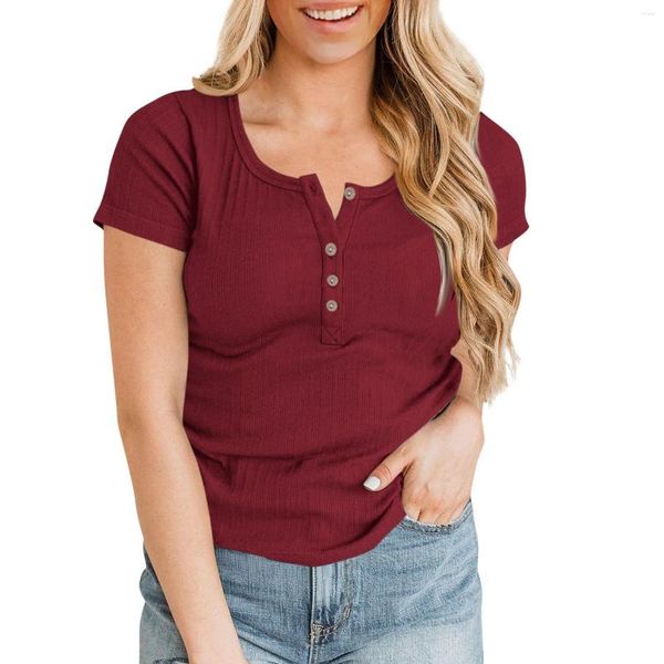 Damen T -Shirts Kurzarm Kurzarm Solid Color Tops Casual for Women Summer Button Bluse Top Fashion