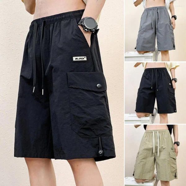 Shorts masculinos homens de cordão de cordão elástico gelo gelo de seda solta bolsos múltiplos