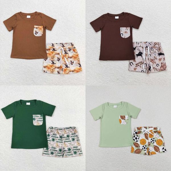 Roupas Conjuntos de roupas por atacado menino de verão Setent Setent Crianças Mangas curtas Pocket Ball Ball Crawfish Tee Toddler Shorts Infantis Roupa Infantil