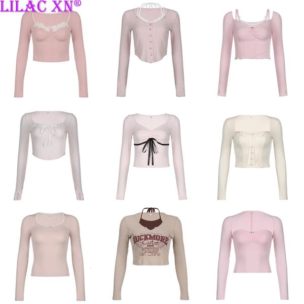 Y2K Sweet Rosa in pizzo rosa a maniche lunghe Tops cimice corsetto Tops a estetica carina t-shirt slim Women Tees Basic Autunno Pullover 240424