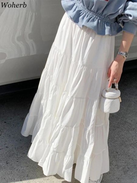 Saias de verão Salia doce 2024 Faldas Mujer de Moda todos combinam plissados A-line Jupe Fashion Korean High Waist White Loose White