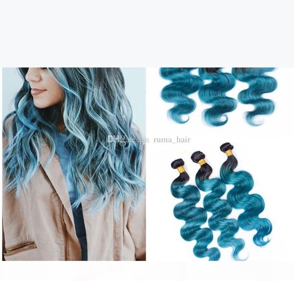 Pacotes de cabelo humano azul de dois tons com encerramento frontal de renda Brazia Virgem Cabelo Humano Onda Ombre Lace Frontal com Bundles2818283