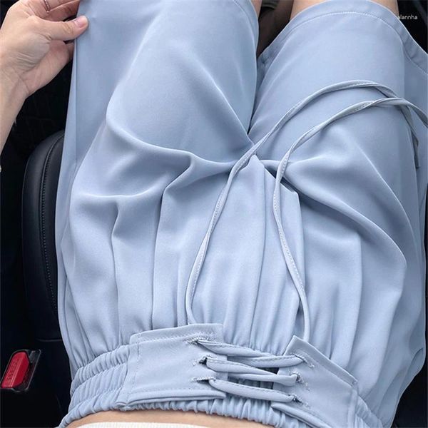 Shorts femininos 2024 Mulheres Summer moda gelo seda de seda larga cor sólida cor sólida feminina casual cintura alta calças curtas L227