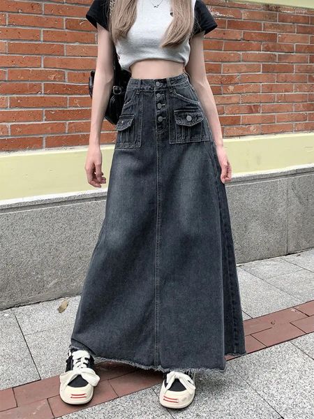 Юбки A-Line Denim Half Skirt для женщин Негабаритный ретро-карманный дизайн кнопки 2024 весна лето высокой талию тонкой пленки