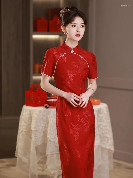 Ethnische Kleidung Chinesisch Chinesisch traditionelle Cheongsam weibliche klassische Vintage -Knopf Lange Qipao Sommerkleid Plus Größe sexy rote Druck geteilte Vestidos