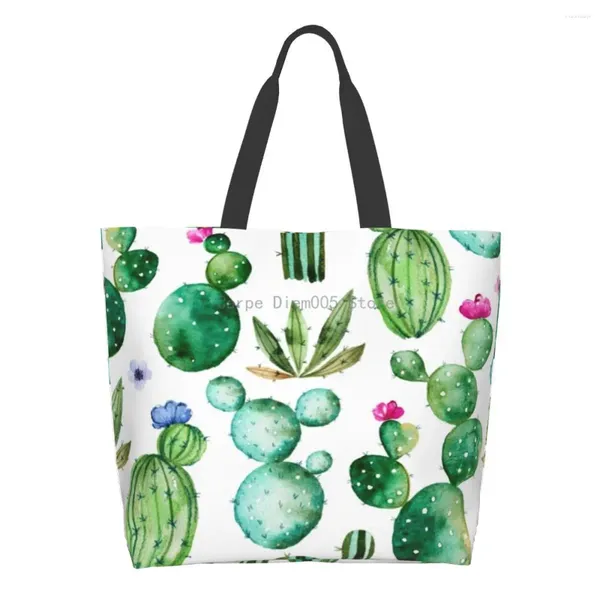 Sacos de compras feminino bolsa de ombro aquarela plantas de cacto de grande capacidade para mulheres para mulheres