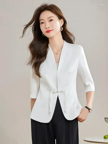 Ternos femininos moda chinesa moda preta terno branco casacats feminino primavera verão bege blazer elegante manga de três quartos V de pescoço para cima