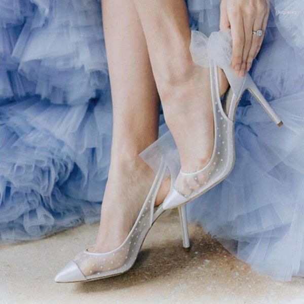 Scarpe vestiti in pizzo bianco a pois non donne superficiali da sposa sposa della sposa posteriore mesh farfalla tacchi a copertina appuntiti