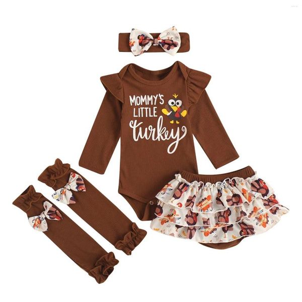 Set di abbigliamento Ringraziamento bambina a maniche lunghe stampare pantaloncini calzini a fascia da 4 per 0-18 mesi.