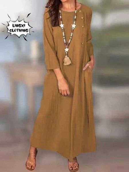 Vestidos casuais básicos 2024 Moda de verão elegante linho de algodão feminino de couro comprido pescoço redondo de pescoço único de peito longo vestido de tamanho plus size