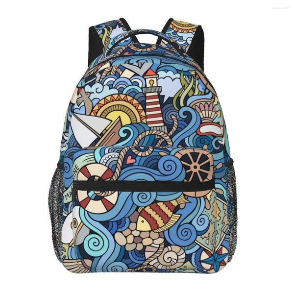 Backpack Women Cartoon Marine Style Wave Wheel Muster Modes Bag für Männer Schulbuchbag Mochila