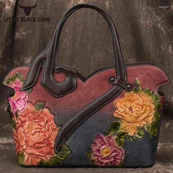 Umhängetaschen echte Lederhandtaschen Ladies Messenger Bag Kuh handgefertigt Frauen Luxus Vintage Flowers Designer Totes Totes