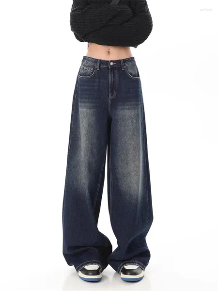 Frauen Jeans amerikanische Straight Dark Blue Baggy Vintage Street Cooles Mädchen Ins High Taille Lose Hosen weibliche lässige Jeanshosen