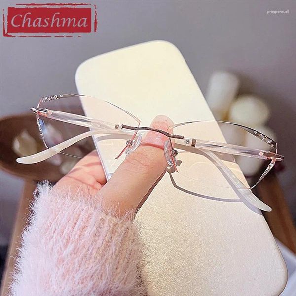 Óculos de sol Quadrões Chashma sem moldura Light Frame Diamond Stones Trend Eyeglasses Titanium Lady Elegant Glasses