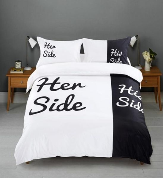 Einfaches schwarzes Weiß ihre Seite seine Seitenbettwäsche Sets Queenking Größe Doppelbett Bettwäsche Paare Duvet Cover Set LJ2010156908760