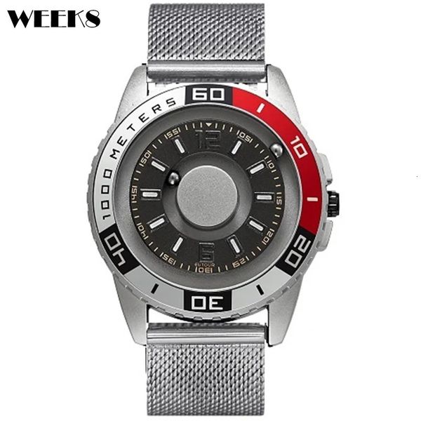 Kreatives cooles Zifferblatt Uhren für Männer Quarz Uhr Sport Design Magnetischer Ball Schwarz Edelstahl -Gurtband Herren Armbanduhren 240422