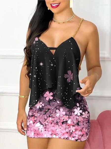 Vestidos de trabalho mini saias de duas peças para mulheres impressas Sexy V-deco