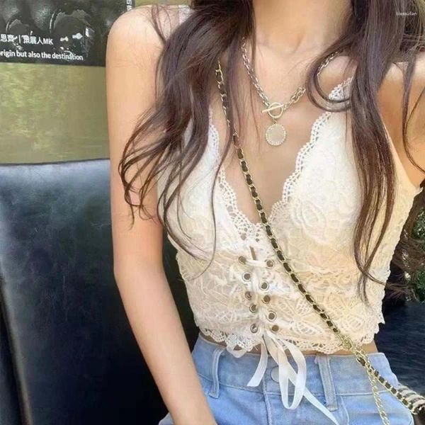 Tank da donna Donne sexy Donne arricciate in pizzo floreale giubbotto con scollo a v-scollo profondo top senza cuci