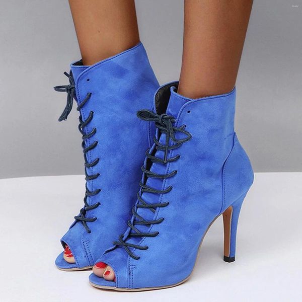 Elbise ayakkabıları kadın spor moda nefes alabilen ince yüksek topuklu peeptoe laceup kısa botlar zapatos mujer 2024 Tendencia