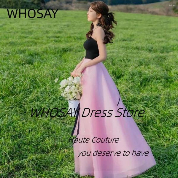 Abiti per feste Whosay Contrast Color Prom Corea Donne indossano abiti da sera senza spalline Shoot Pos A Line Wedding Ospite Dress