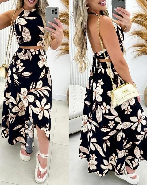 Vestidos de trabalho Duas peças conjunto de mulheres roupas 2024 Summer allover impressão floral renda up halter backless top High Slit Slit Salia férias