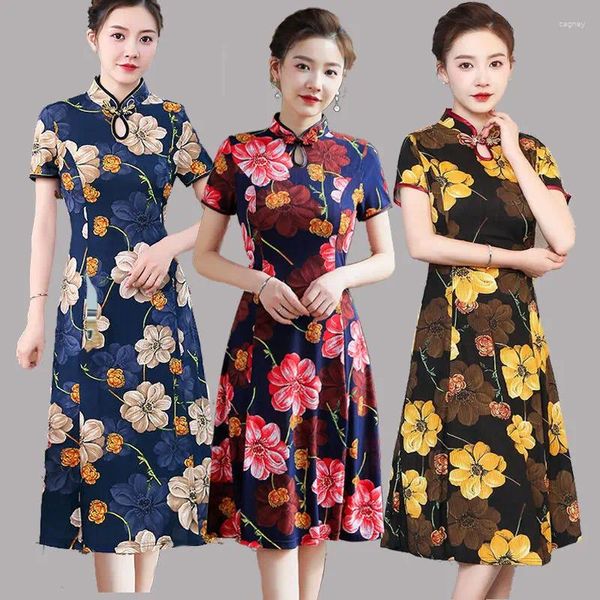 Vestidos de festa 2024 Vestido feminino de verão Longo grande literário Retro Ice Silk Cheongsam Suit