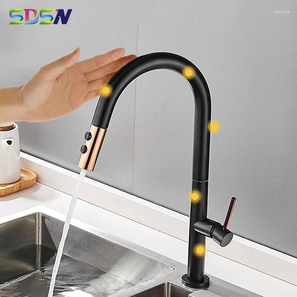 Torneiras de cozinha Touch Touch SDSN Black Gold Pull Out Mixer Tap Tap Smart Faucet Sensor frio