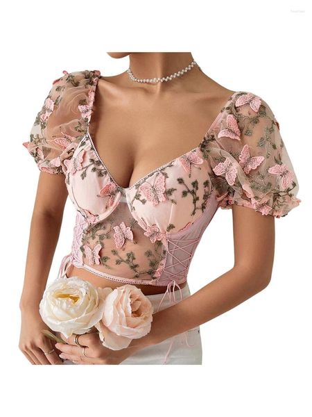 Magliette da donna Donne Donne Vintage Floral Crop Top Summer Maniche a V-N-shirt T-shirt con cerniera con cerniera retrò corsetto bustier