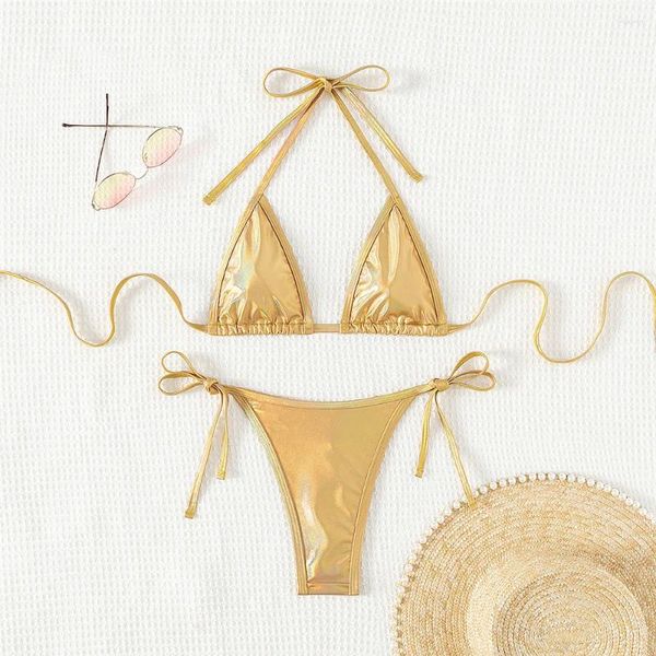 Biquíni de banho feminina Set Sexy Diamond Micro Thong Gold Gold Shiny Mulhers String String Halter Triangle 2024 Ternos de banho Bather