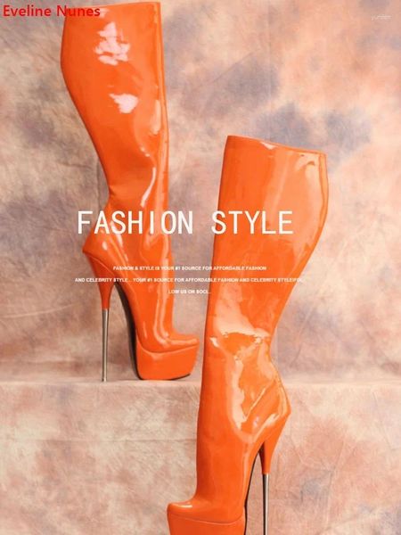 Stivali piattaforma arancione sexy sexy femminile mid's solido in cuoio in pelle in cuoio in metallo Super tacco con punta con punta di piedi con cerniera 36-44 dimensioni