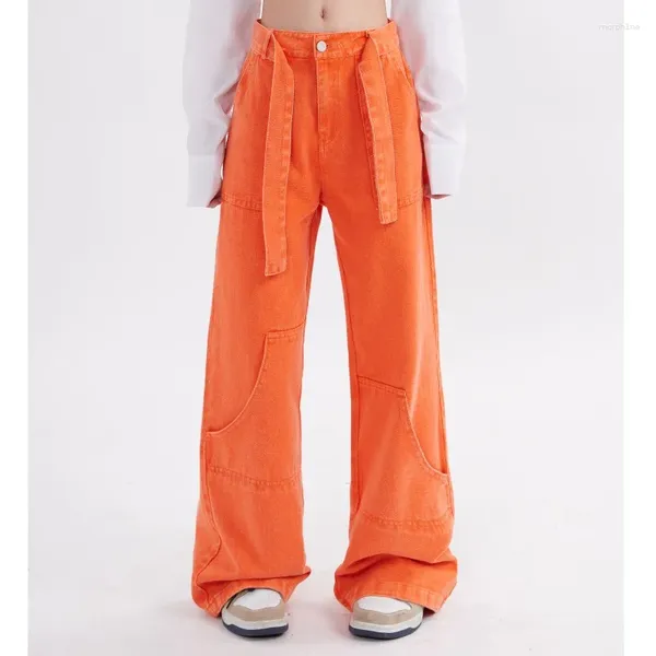 Frauen Jeans Orange Schwarze Frauen Denim Pant mit Schnürgürtel Ladung Taschenmode Harajuku Streetwear Y2K Floor Langer Hosen Freund