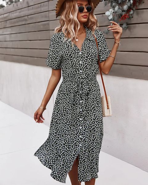 Venda Polka Dot Print Summer Dress Women Women Beach Manga curta Casual Mulher Mulher Longa Dresses Coreanos Com Renda Up 240423