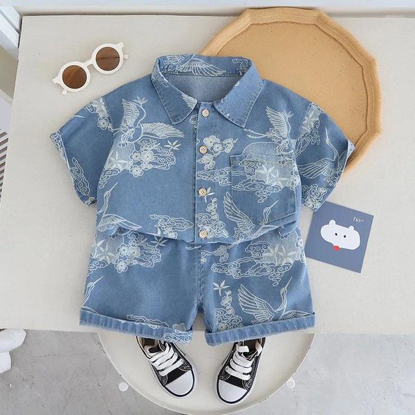 Set di abbigliamento 2024 Summer's Childre's Chinese Giacca in denim Scept a maniche corte per bambini Shorts a fiore casual per neonati vintage