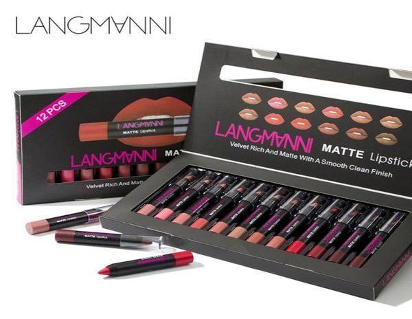 Langmanni 12 peças Lipstick Conjunto de veludo rico e fosco com um acabamento limpo liso Crayon longlasting Cosmetics Beauty Maquigem Li1670004