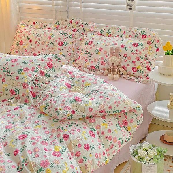 Conjuntos de roupas de cama Conjunto floral de estilo pastoral para meninas Tampa de derivação de tamanho duplo tampa de edredão e travesseiros têxteis caseiros de cama de cama macia