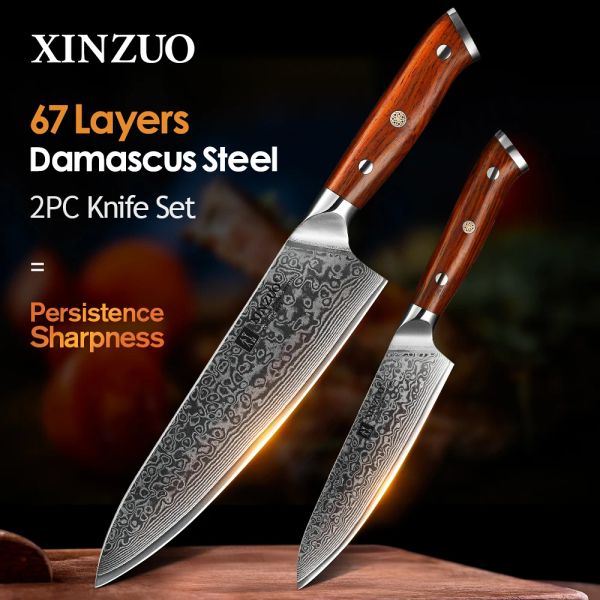 Bıçak xinzuo 2pcs şef mutfak bıçağı seti VG10 Şam Çelik Şef Yardımcı Yardımcı Bıçaklar Gül ağacı sapı en kaliteli mutfak pişirme araçları