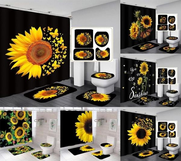 Tende da doccia Magic Cande farfalla Set di tende giallo nero Art Country Fiore decorazioni da bagno Bavani tappeti Cover 2209226300333