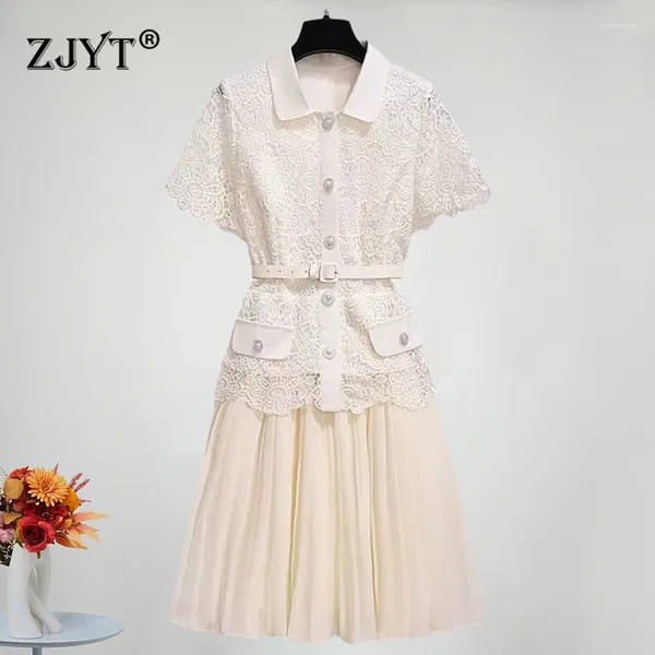 Vestidos de trabalho ZJYT Hollow Lace Top e Skirt Conjunto de 2 peças Roupa feminina Terno de verão Festas Fashion Holiday Party Conjuntas de Falda com Belt