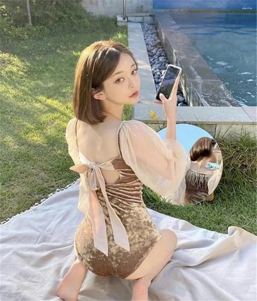 Kadın mayo kadife tek parça mayo kadınlar katı uzun kollu monokini push yukarıya mayo Korea örgü banyo pedleri kemer etek