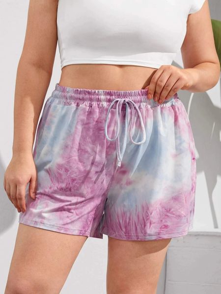 Plus Size Summer Lose Casual Short Drawing Taille Wide Leg Krawatte Farbstoff Sportshorts Plain Lounge Big 5xl 240420