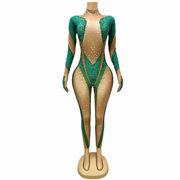 Bühnenverschleiß sexy grünes Gold -Strass -Jumpsuit -Handschuhe Frauen Tanz Performance Spandex Leggings Geburtstag Cosplay Club Outfit Banyuanlu